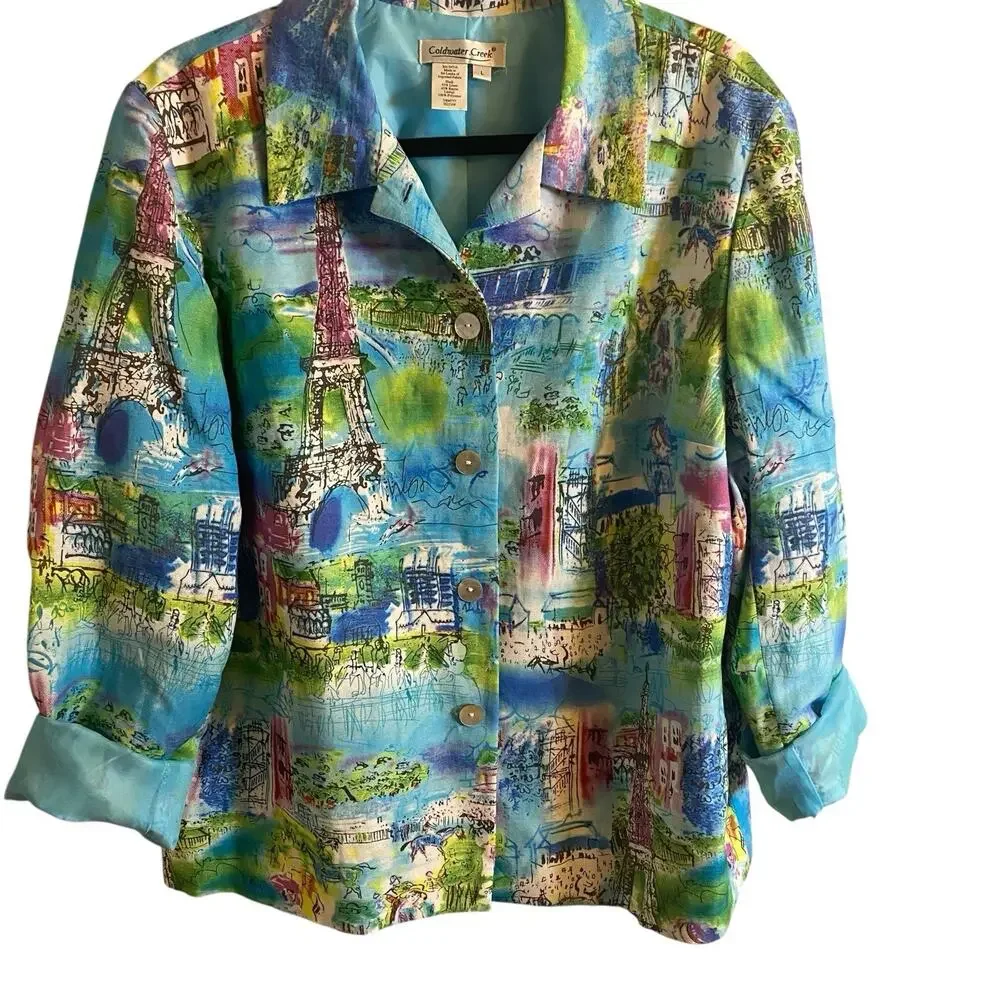 Coldwater Creek, Size Large, Colorful Paris Print Blazer, Linen Blend, Artsy - Picture 7 of 16